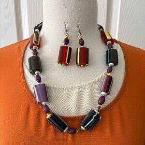 Multi Color 24 Inch Geometric Necklace with Matching Earrings for Pierced Ears